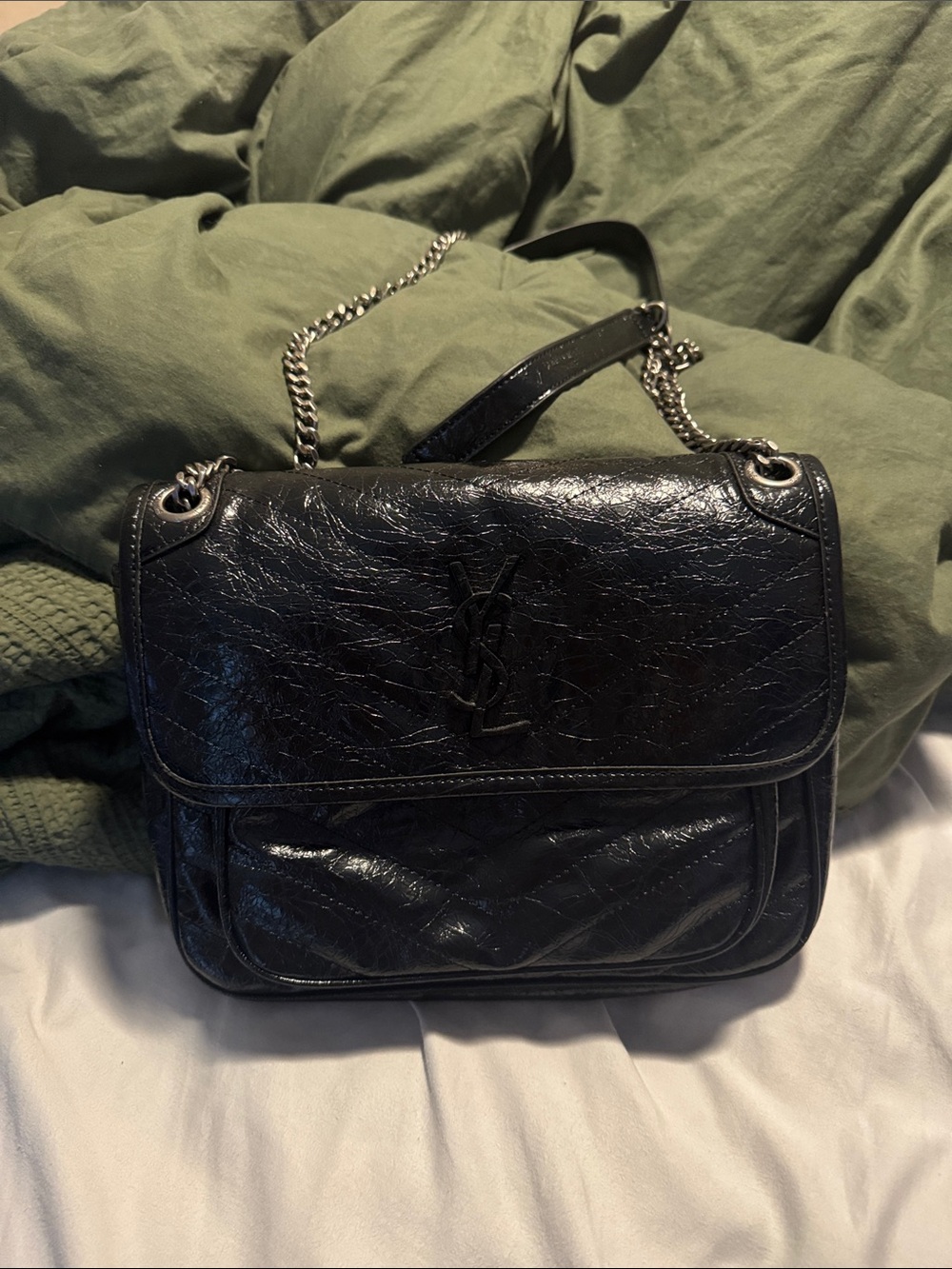 Saint Laurent Black Crinkled Leather Shoulder Bag with Chain